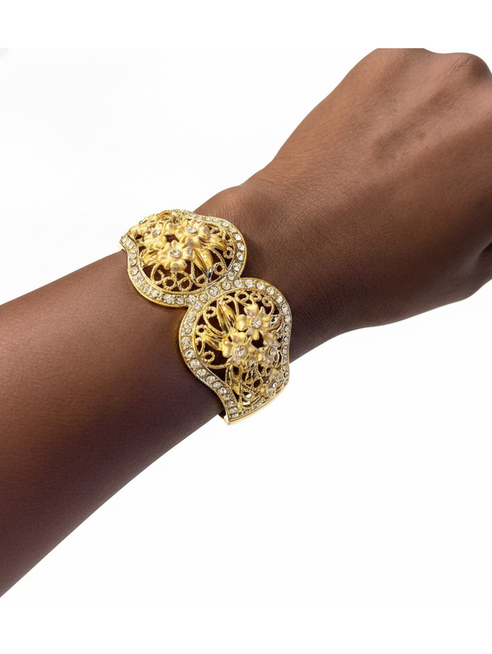 Vtg Gold Plated Filigree Flower Crystal Bangle Clamper Bracelet Great Gift AS39
